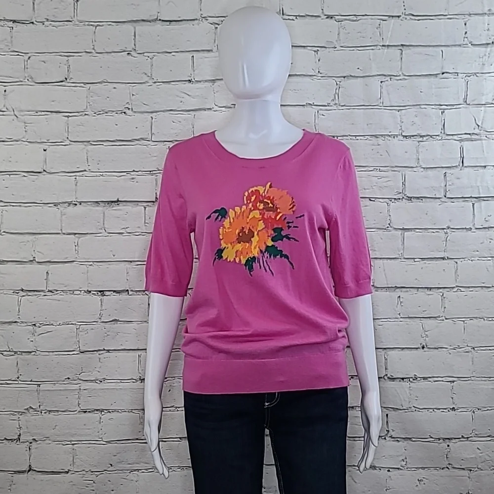 J Crew Merino Wool Blend Embroidered Floral Short-Sleeve Tippi Sweater in Pink
